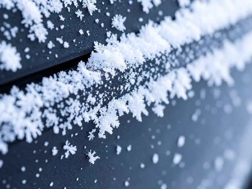 Close-up of a car door rubber weatherstrip seal covered in frost and ice crystals