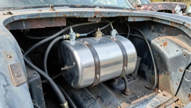 Aluminum racing fuel cell strapped into the trunk of a demolition derby car