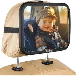 funbliss baby car mirror mounted on a headrest, black frame