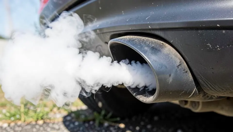 White smoke coming from a car exhaust pipe, a common sign of a blown head gasket