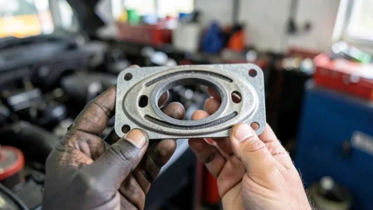 Mechanic holding a metal head gasket next to an open car engine bay