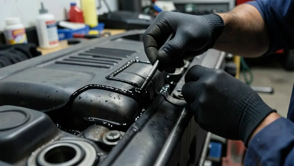 A mechanic applying black RTV silicone sealant to a car valve cover before installing it
