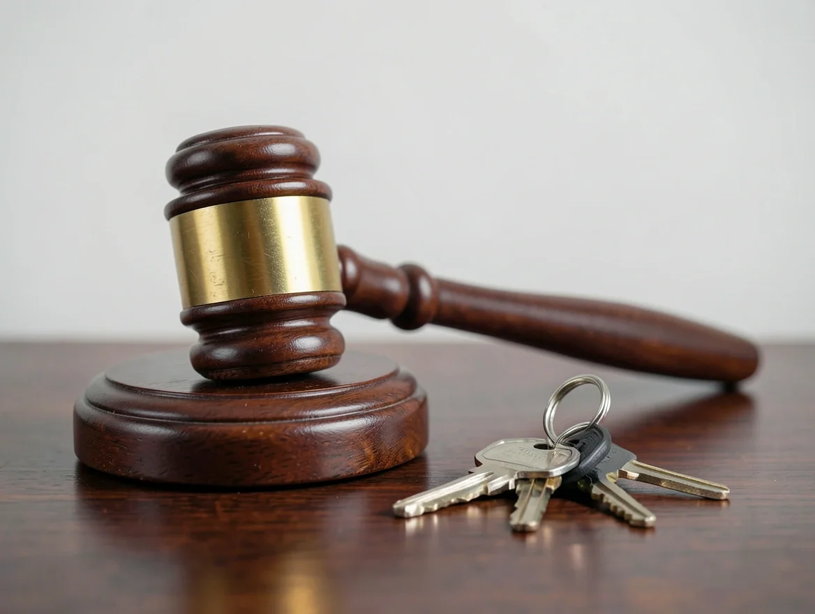 A judges gavel resting beside a set of car keys on a desk
