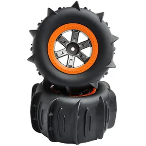 Pair of GDOOL RC paddle tire wheels with orange and black spoke wheels for high speed 1/10 scale RC trucks
