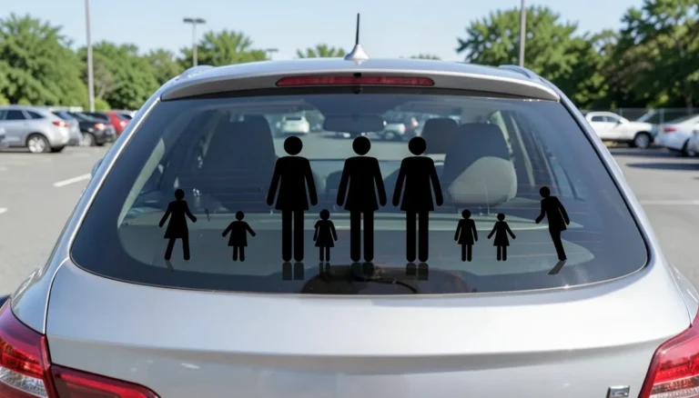 Generic black stick-figure family decal stickers applied to a car rear window