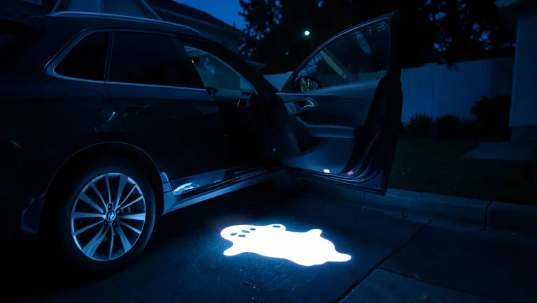 Ghost shaped LED door projector light glowing on pavement beneath an open car door at night