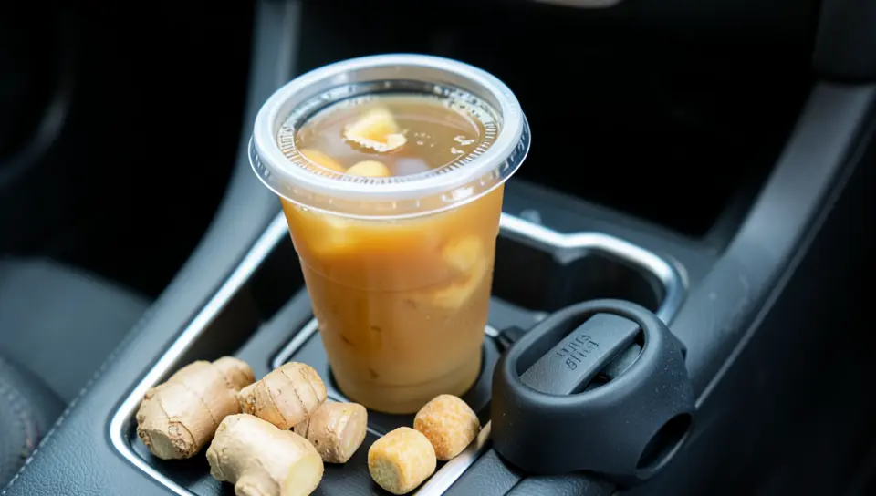 Fresh ginger root and ginger tea in a car cup holder as a natural remedy for car sickness