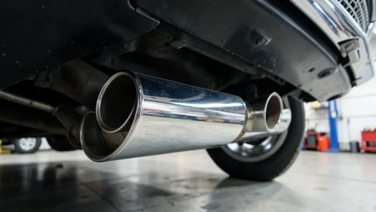 Chrome dual exhaust tips of a glasspack muffler installed under a car