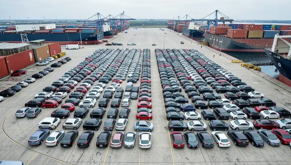 Aerial view of new cars staged at a global automotive export port