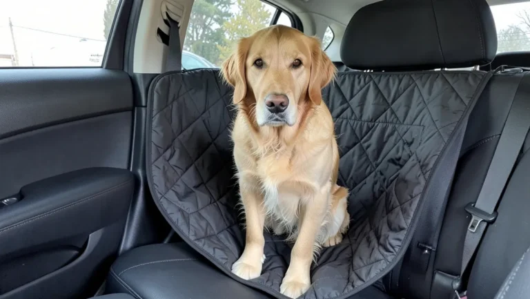 Golden retriever sitting on the back seat of a car protected by a black quilted waterproof pet seat cover