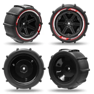 Four GOUPRC paddle tires with red and black beadlock-style wheels sized for 1/14 to 1/16 scale RC crawlers and buggies