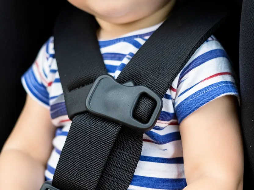Car seat chest clip positioned at armpit level on a toddler's harness