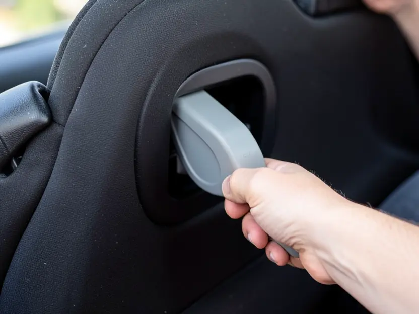 Hand squeezing the headrest lever on a no-rethread Graco car seat