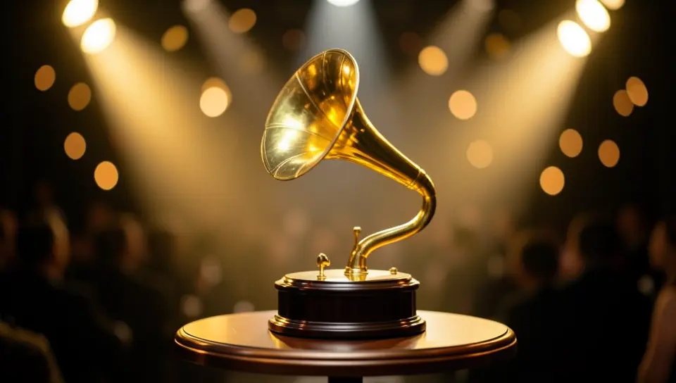Golden gramophone Grammy Award trophy on stage