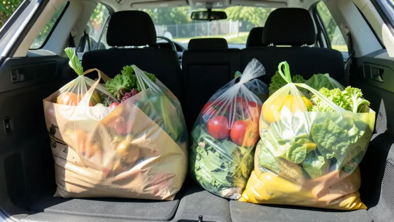 Grocery bags full of fresh produce sitting in the back seat of a car