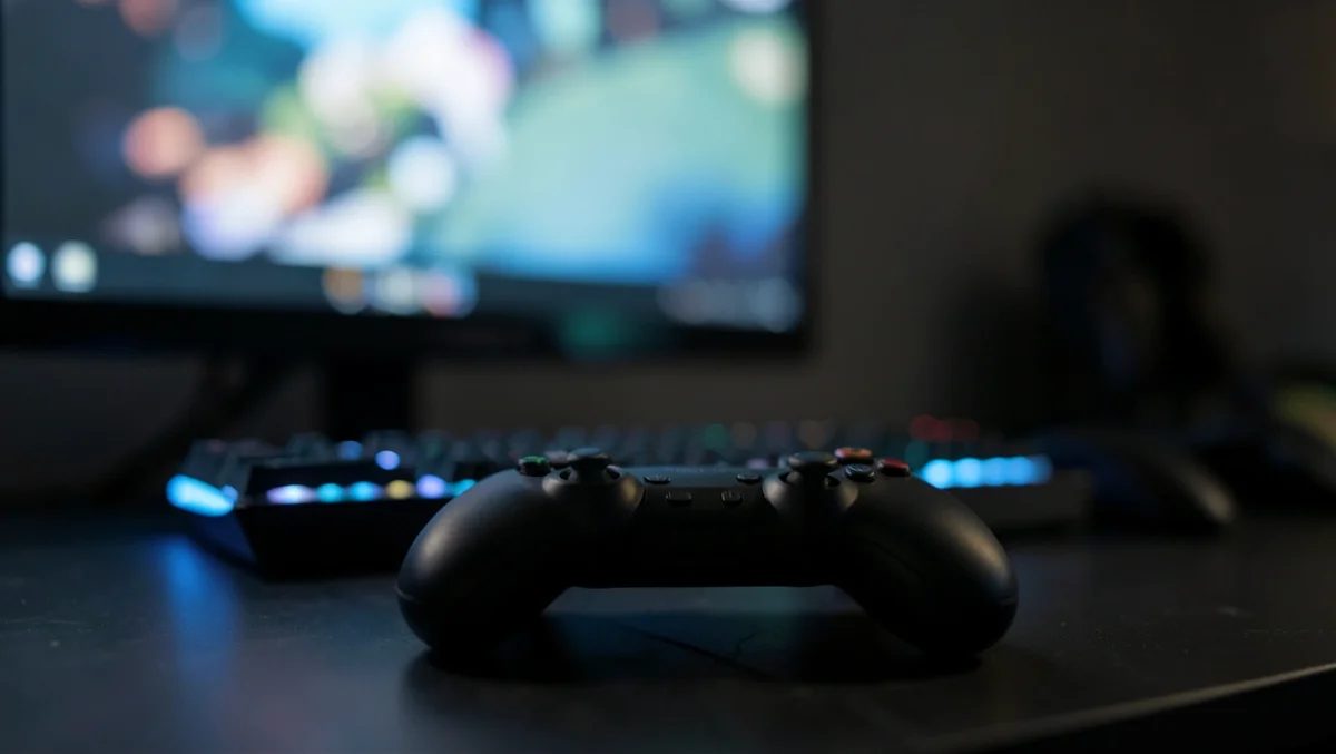 Video game controller in front of a blurred TV screen in a dark gaming room
