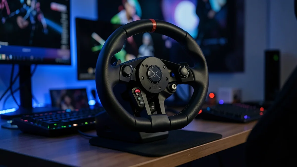 Racing wheel and pedal set on a desk in a gaming room with ambient LED lighting