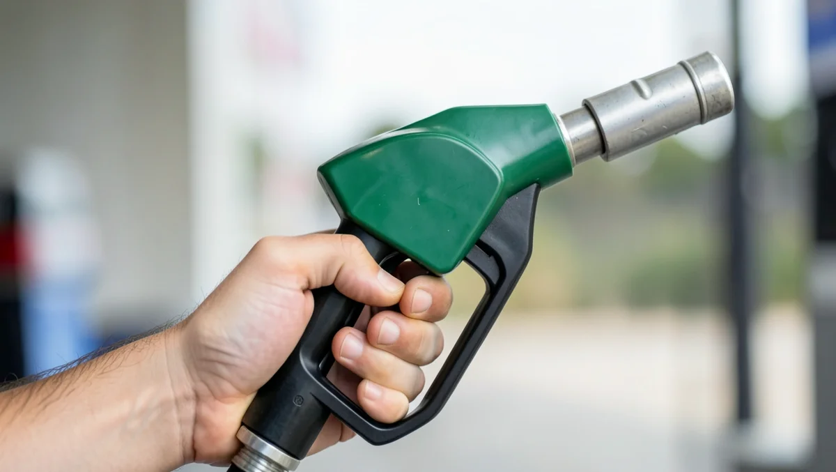 Hand holding a green diesel fuel pump nozzle at a gas station