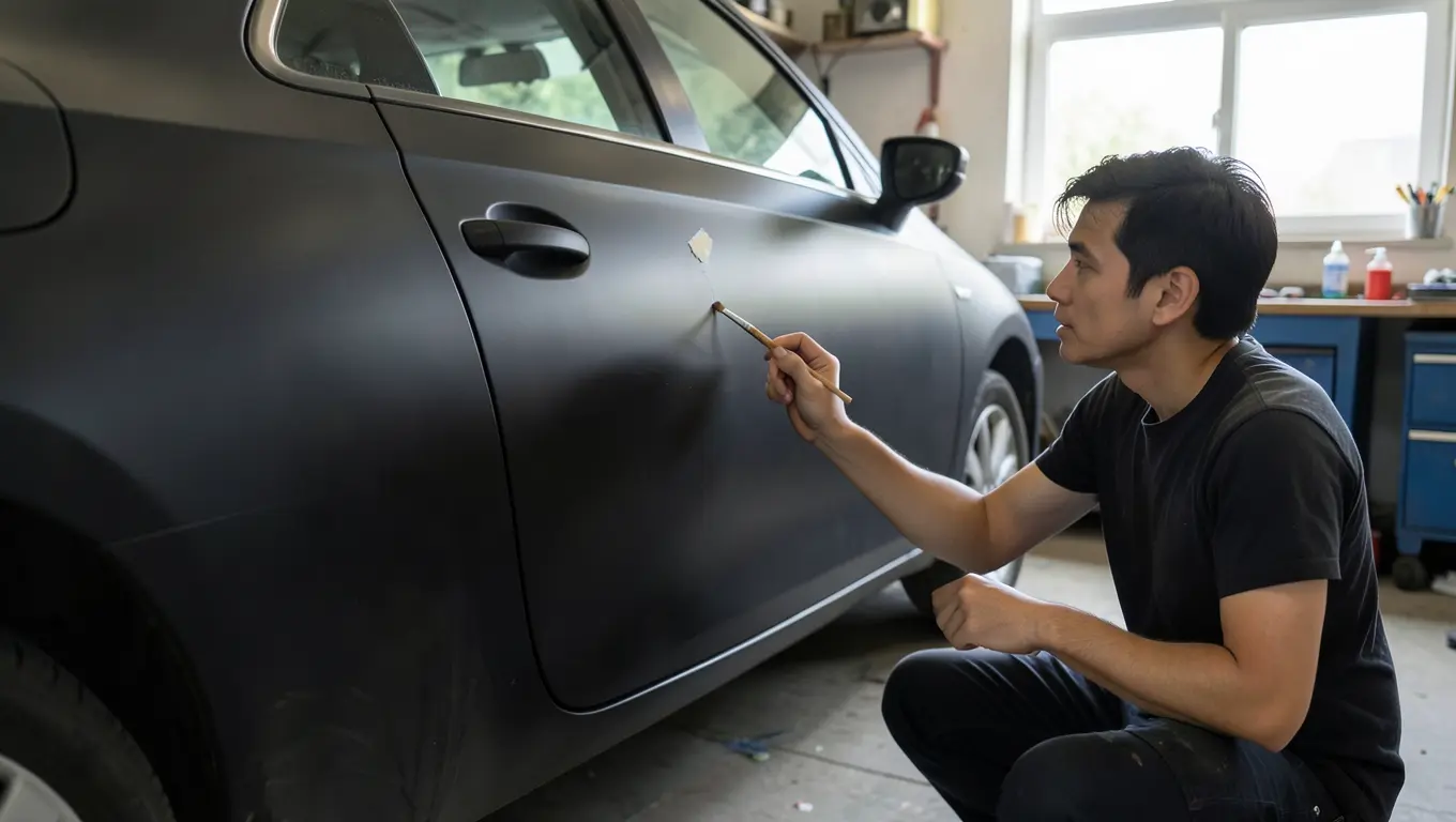 Person hand painting a car door panel with a small brush in a home garage
