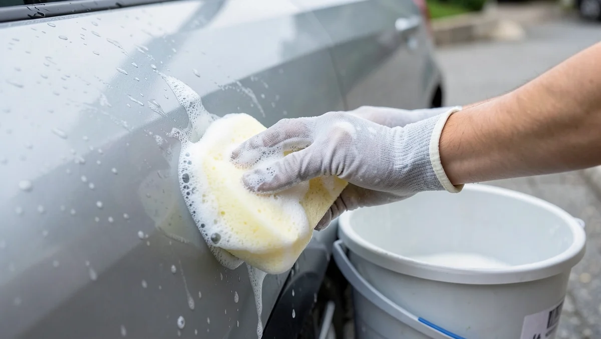 Gloved hand washing a car exterior with a soft foam sponge and soapy water from a bucket