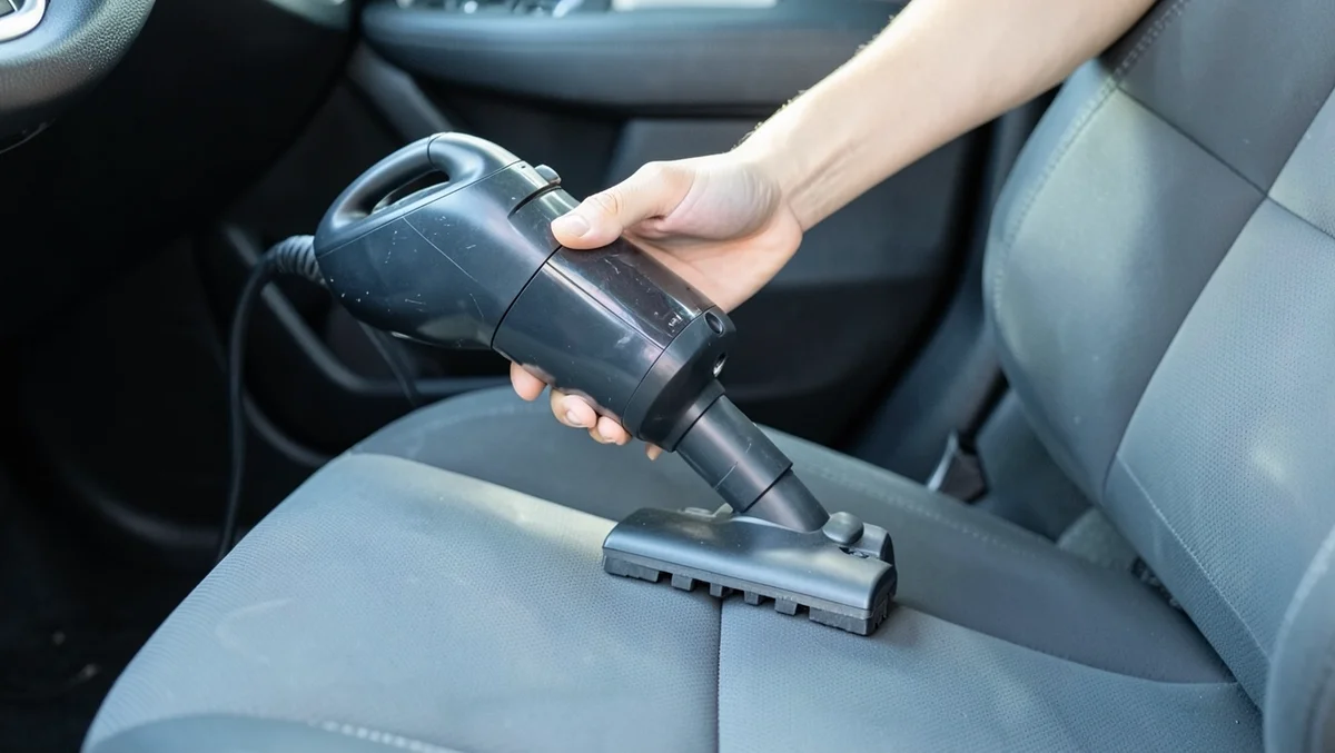Handheld vacuum being used to clean dirt out of a car seat