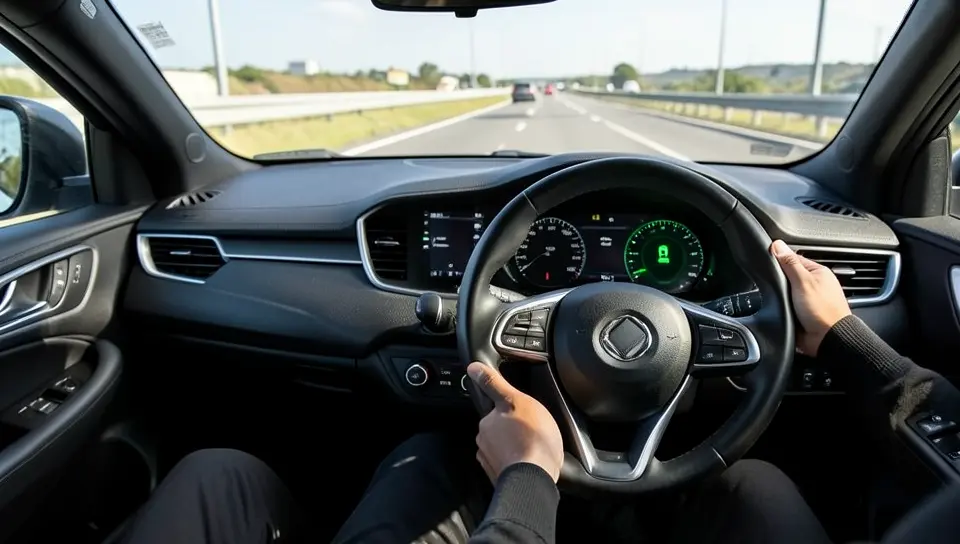 Driver assistance dashboard icon showing hands-on-wheel monitoring during highway driving