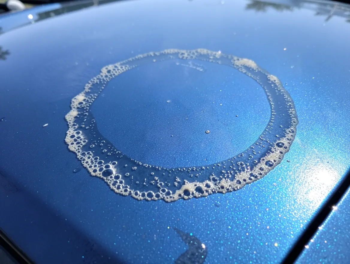 A ring-shaped hard water spot etched into blue car paint after rainwater dried in the sun