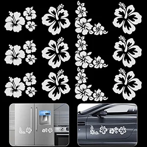 OIIKI 12-piece silver hibiscus flower vinyl car decal set applied to a car door and a refrigerator