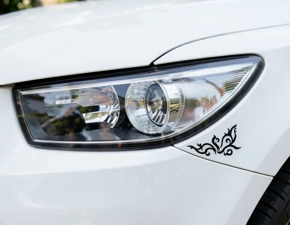 Decorative car decal placed on the body panel next to the headlight, not covering the light lens