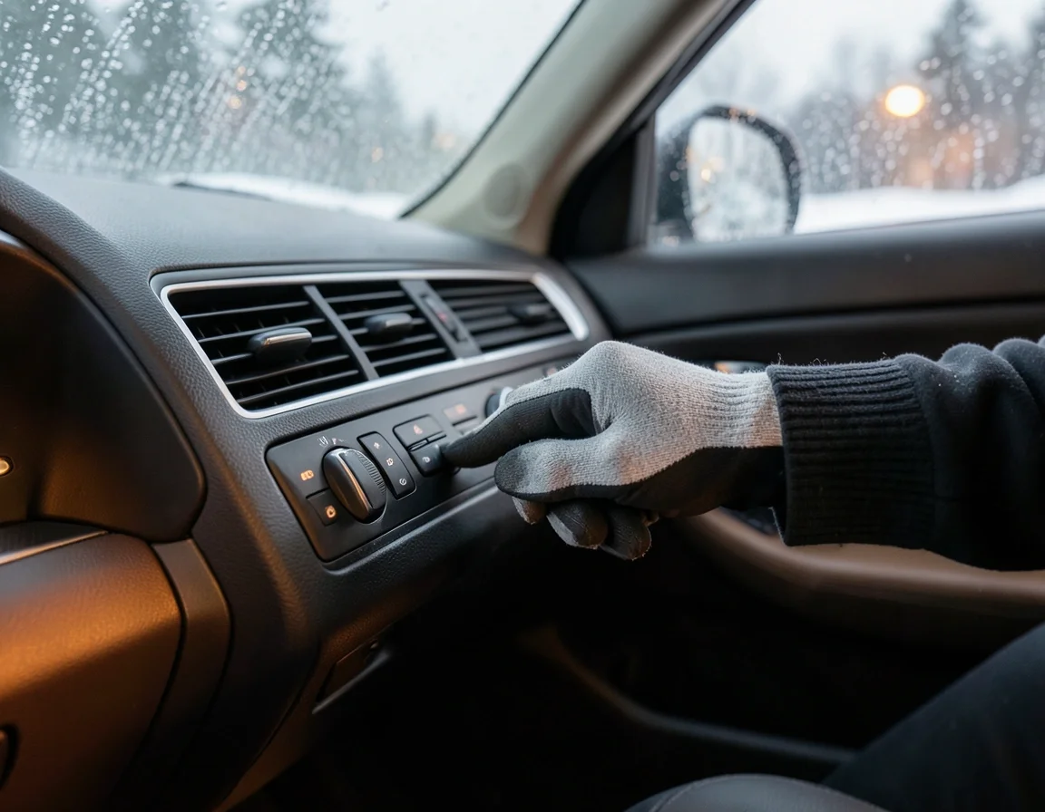 Gloved hand adjusting a heated seat dial on a frosty winter morning inside a car