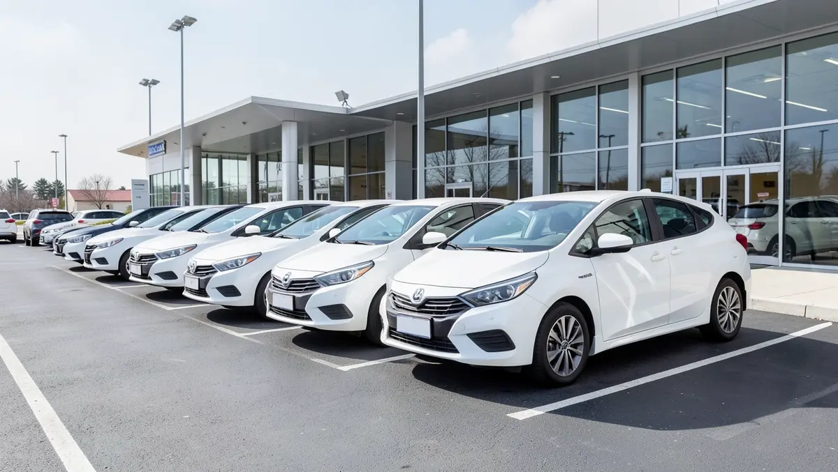 Row of electric rental vehicles parked at a car rental agency lot