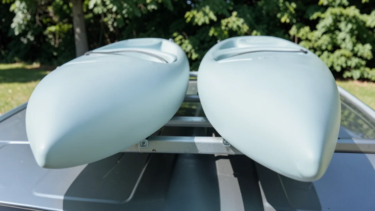 Two kayaks mounted side by side on J-cradle roof racks on a car, secured with straps