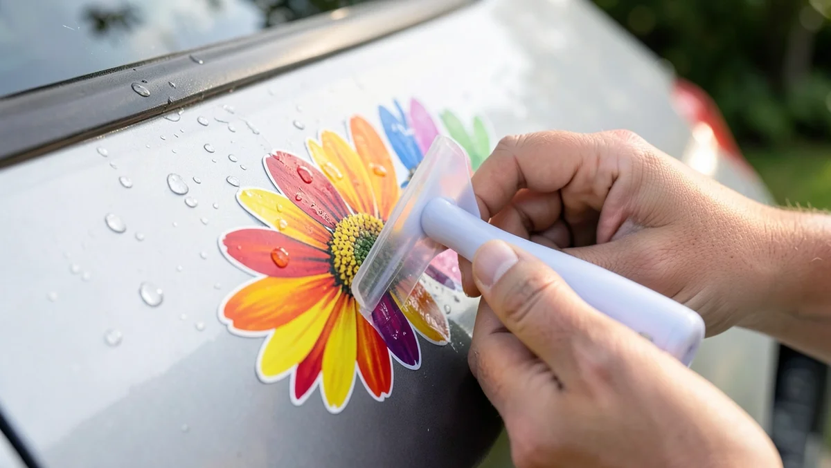 Hands using a squeegee card to smooth air bubbles while applying a daisy flower vinyl decal to a car panel