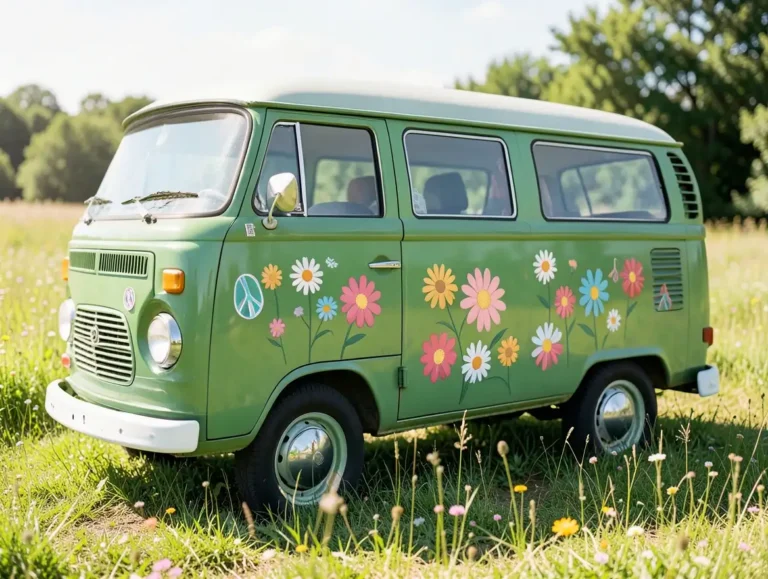 Vintage green Volkswagen-style camper van decorated with colorful daisy flower decals and a peace sign decal on the side panel