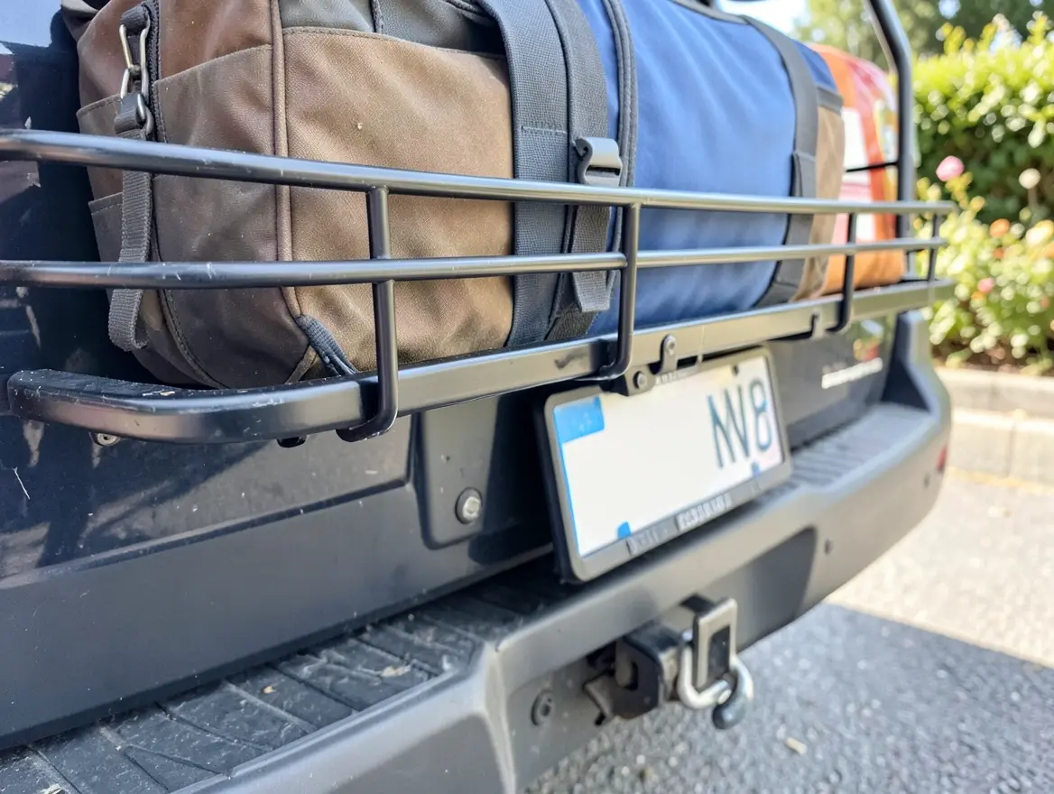 License plate relocation bracket mounted below a loaded hitch cargo carrier