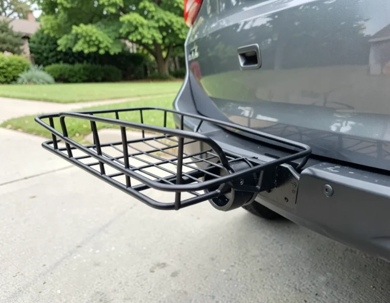 Black steel hitch-mounted cargo carrier basket attached to the rear trailer hitch receiver of a gray SUV