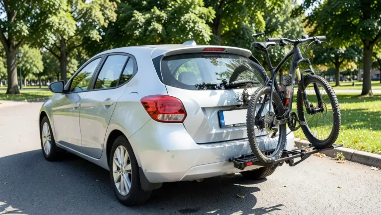 Hitch-mounted platform bike rack loaded with a mountain bike on the rear hitch receiver of a car