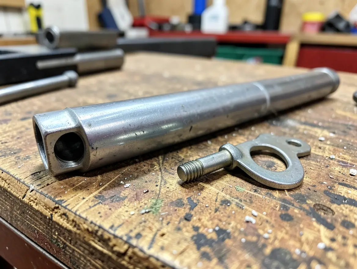 Close-up of a steel trailer hitch pin and receiver hardware on a workbench