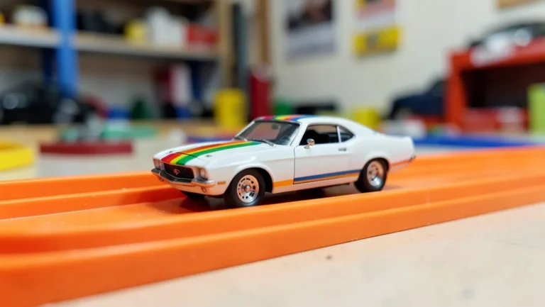 HO scale slot car with colorful racing stripe decals applied to the body on an orange plastic race track