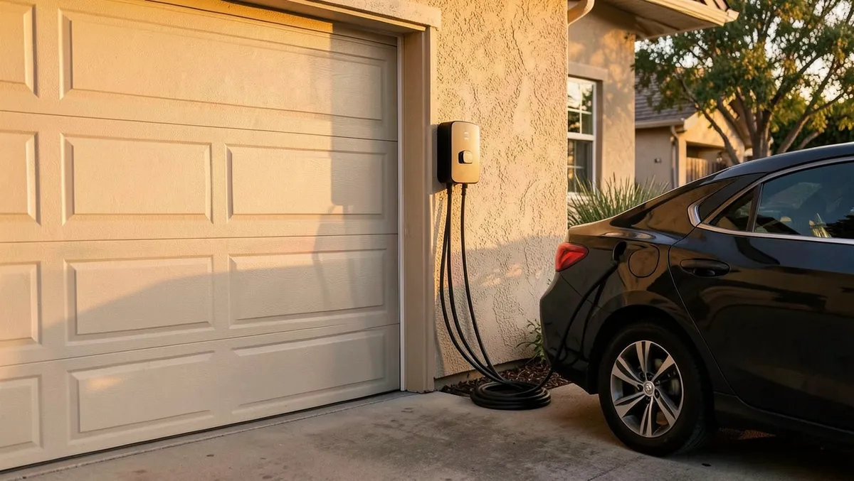 Level 2 electric vehicle charger installed on a home garage wall