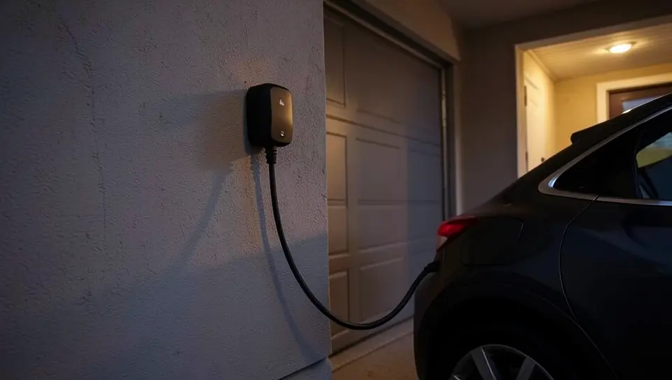 A Level 2 electric vehicle charger mounted on a garage wall with the cable plugged into a parked car