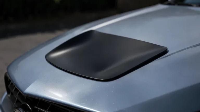 Matte black functional ram-air hood scoop mounted on a car hood