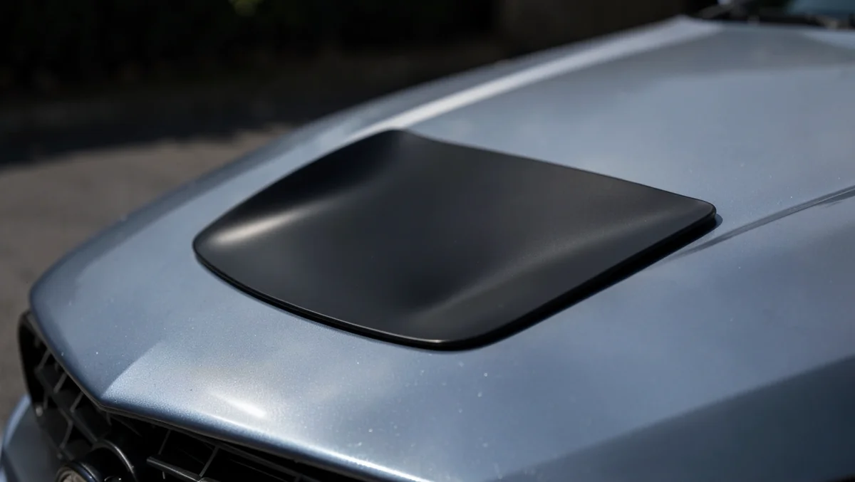 Matte black functional ram-air hood scoop mounted on a car hood