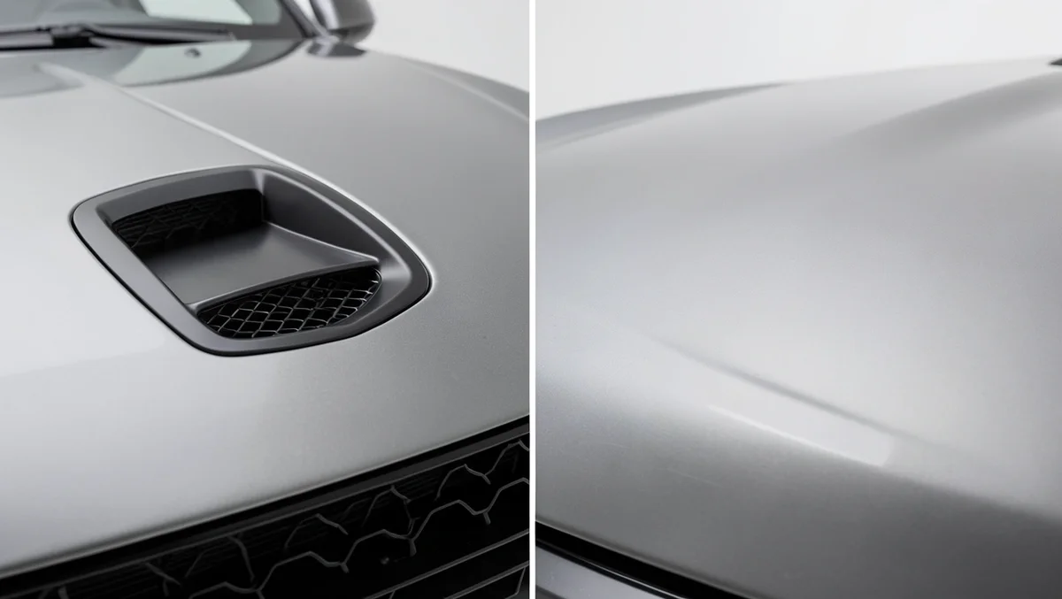 Side-by-side comparison of a functional hood scoop with an open air path versus a flat, unvented hood