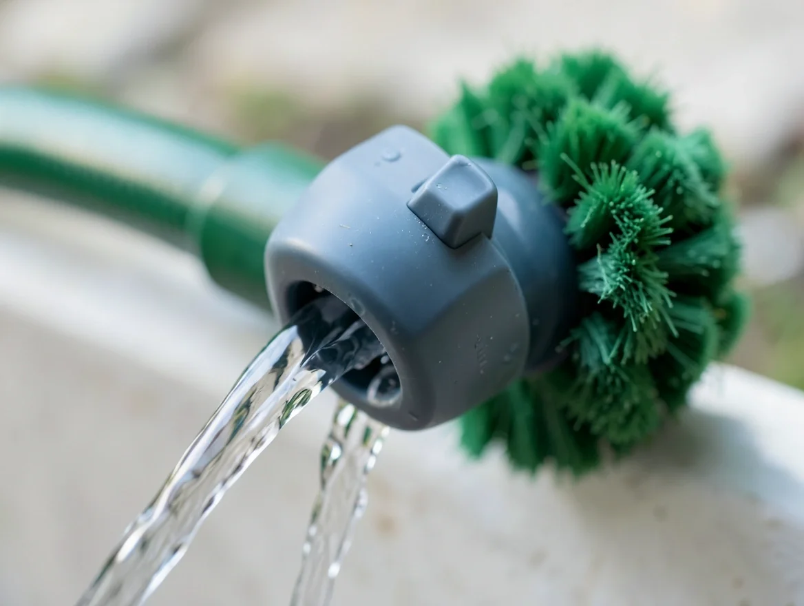 Close-up of a garden hose quick-connect adapter with an on-off valve feeding water into a rotating brush head