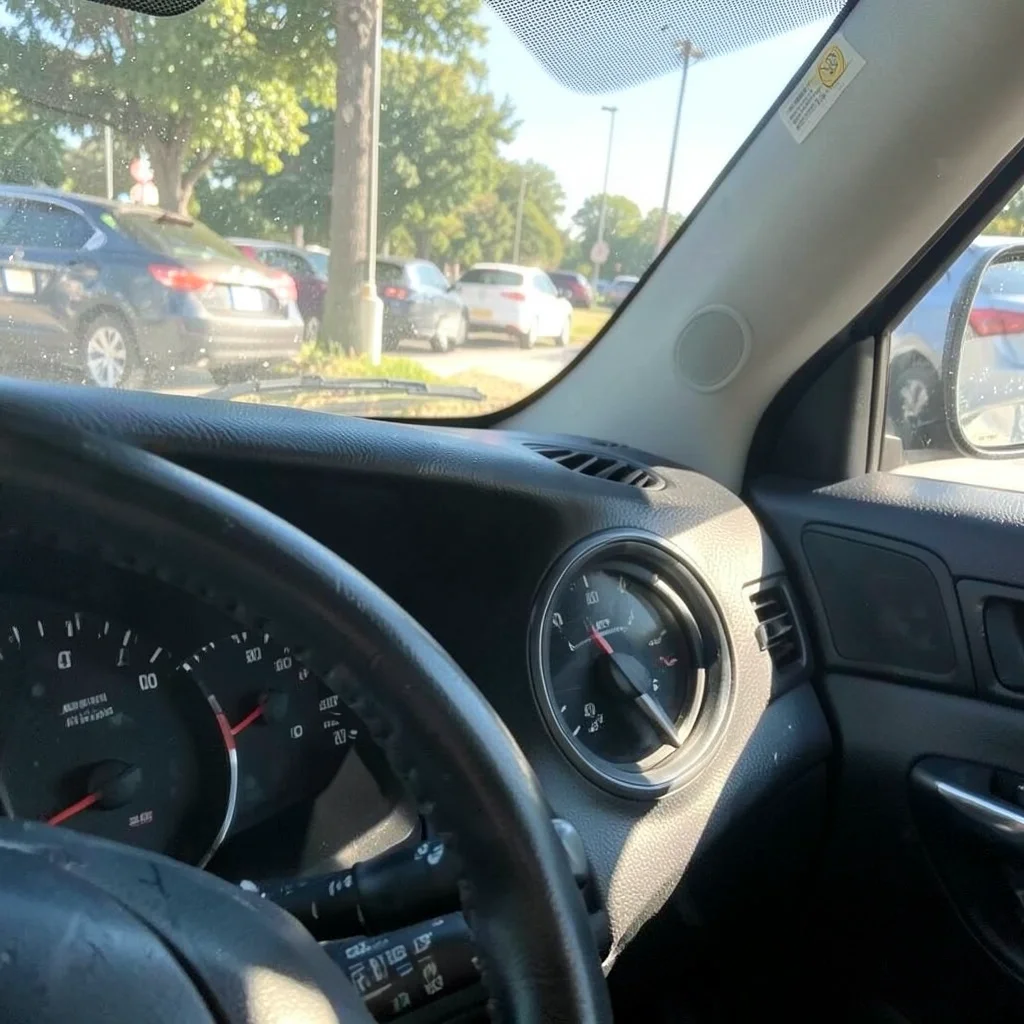 Interior of a parked car showing the dashboard on a sunny day