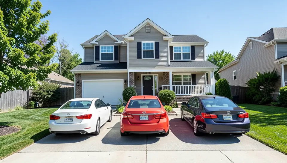 Suburban driveway with three parked cars representing a US household that owns multiple vehicles