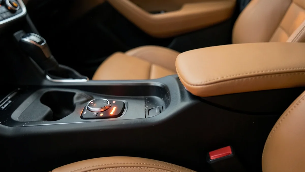 Close-up of a heated seat control button glowing on a car center console