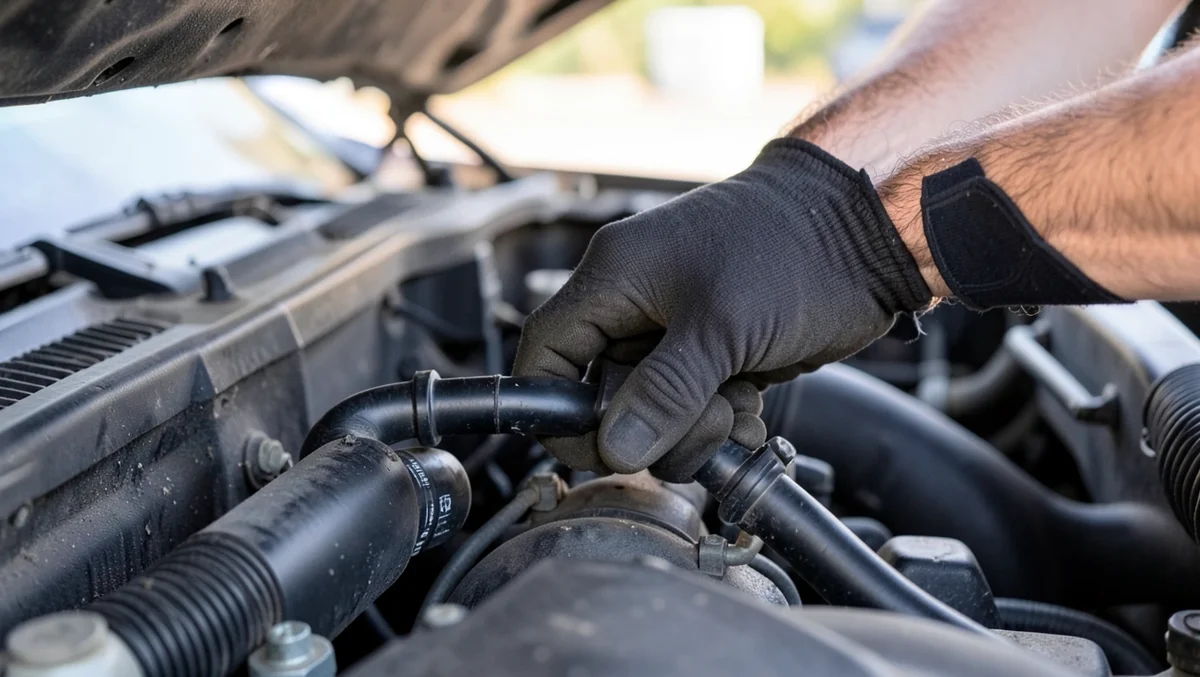 Gloved hand squeezing the upper radiator hose to check whether the engine has cooled enough to add coolant safely