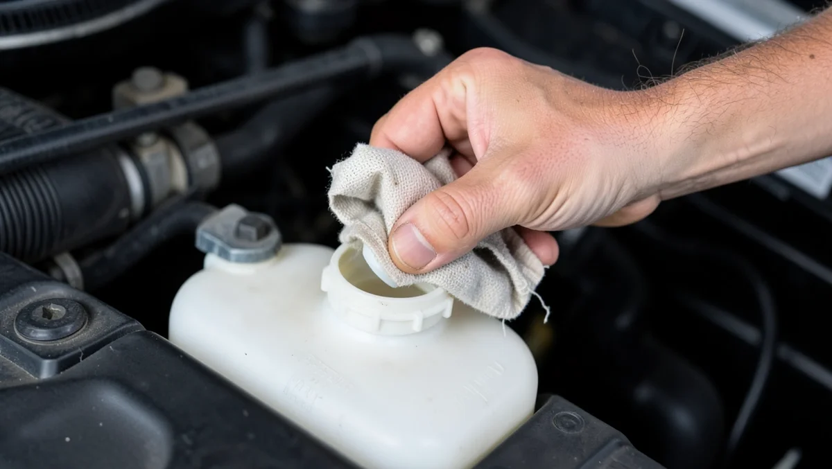 Using a folded cloth to carefully twist open a car coolant reservoir cap after the engine has cooled